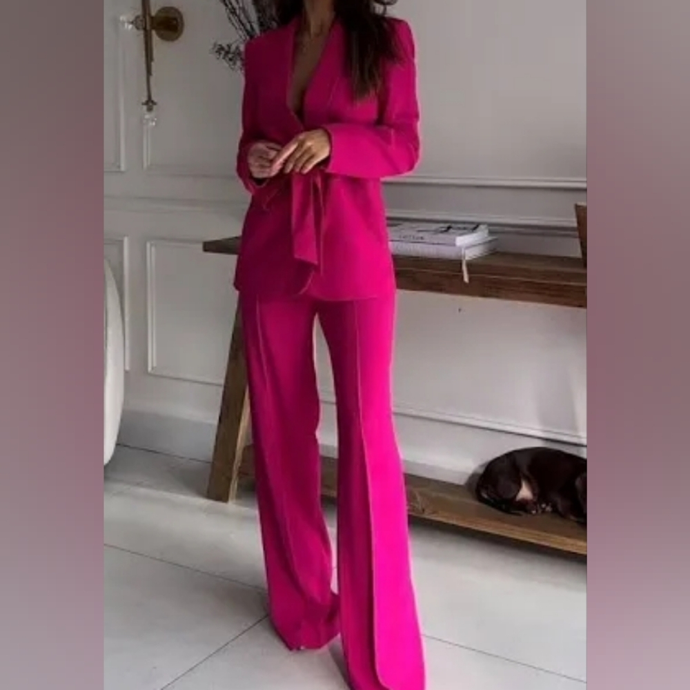 ZARA Zw co-ord set Tuxedo Collar Blazer Belted + Pants neon Fuschia Sz M BNWT